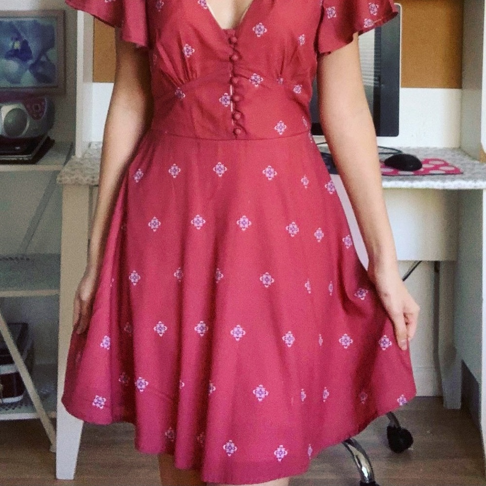 Red silk dress with flowers